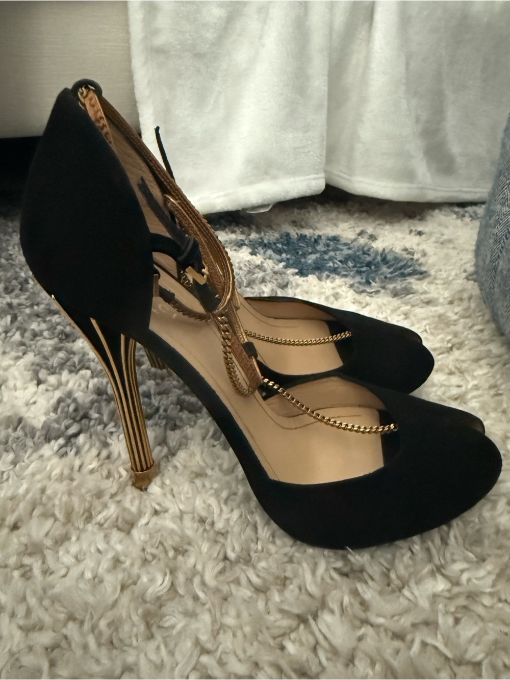 Gucci Black Suede Peep-Toe Heels with Gold Chain Straps